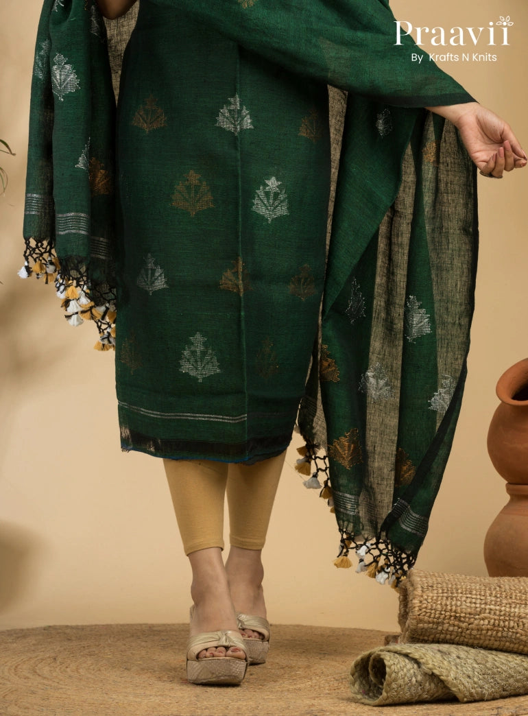 Peacock Green Pure Linen Unstitched Jamdani Suit 2-Piece Set