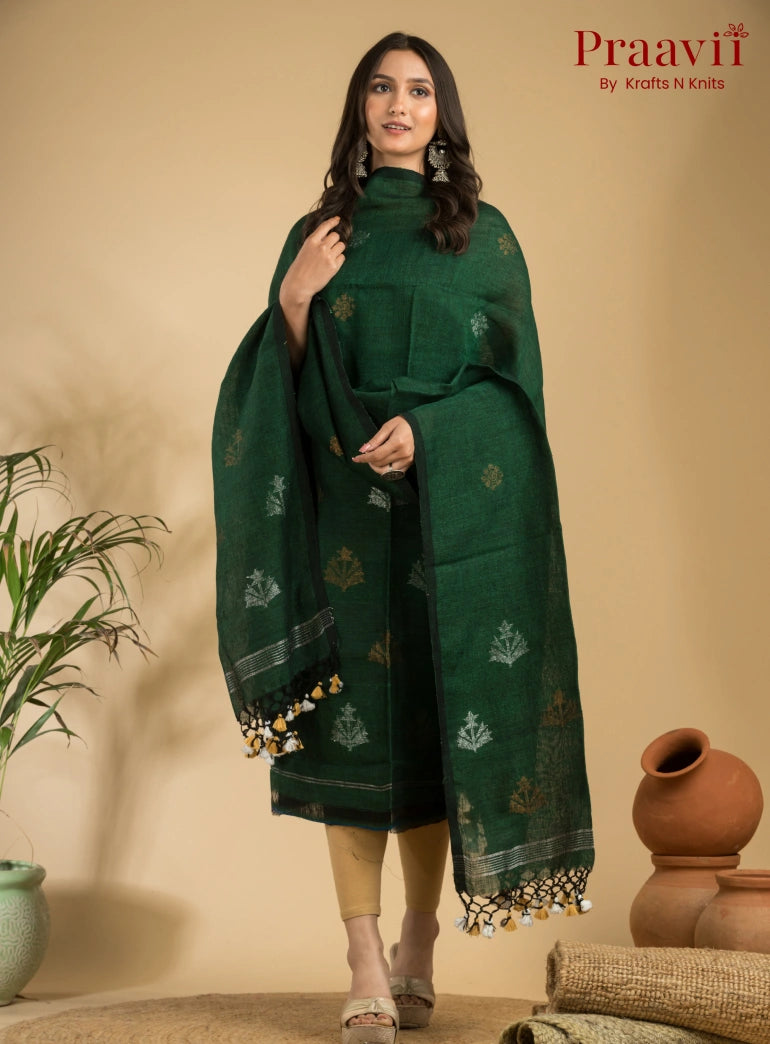 Peacock Green Pure Linen Unstitched Jamdani Suit 2-Piece Set