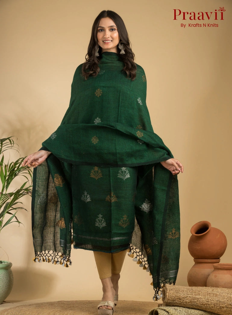 Peacock Green Pure Linen Unstitched Jamdani Suit 2-Piece Set