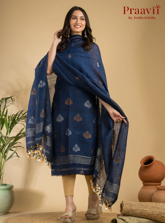 Blue Pure Linen Unstitched Jamdani Suit 2-Piece Set