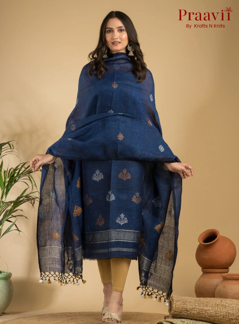 Blue Pure Linen Unstitched Jamdani Suit 2-Piece Set