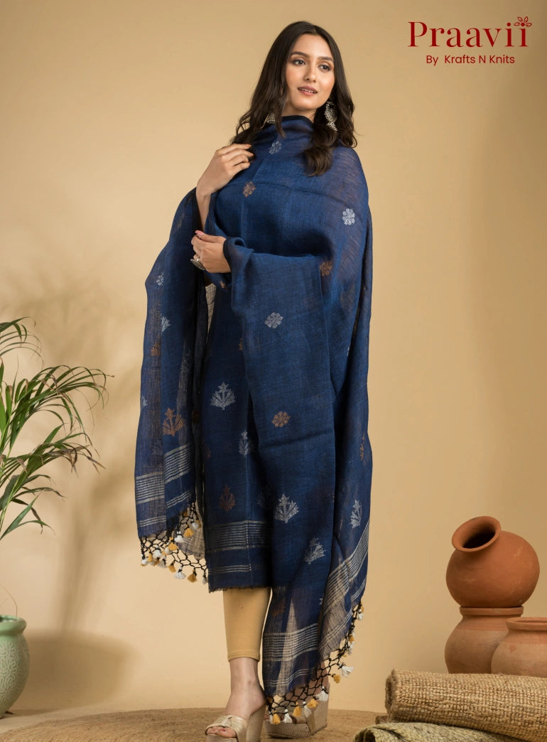 Blue Pure Linen Unstitched Jamdani Suit 2-Piece Set