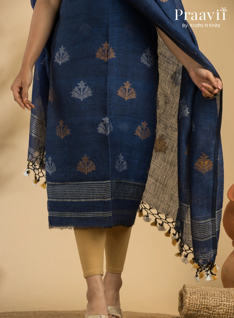 Blue Pure Linen Unstitched Jamdani Suit 2-Piece Set