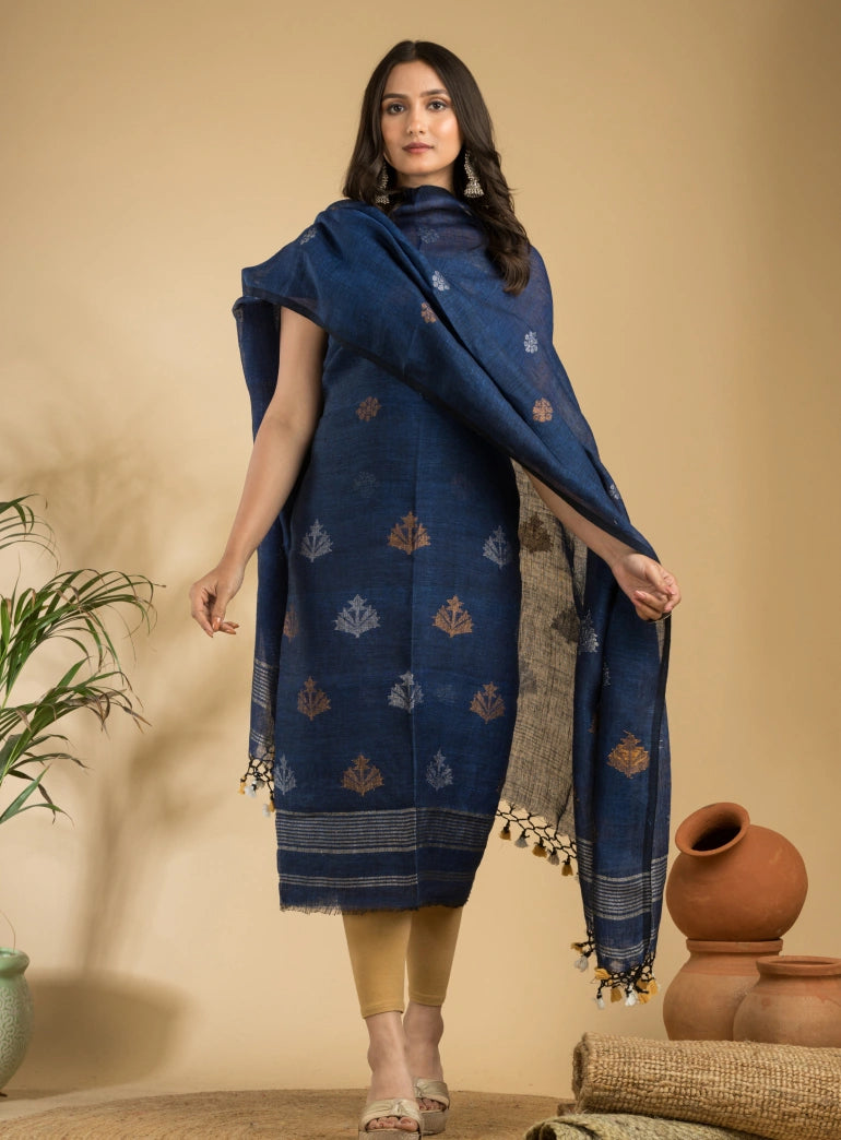 Blue Pure Linen Unstitched Jamdani Suit 2-Piece Set