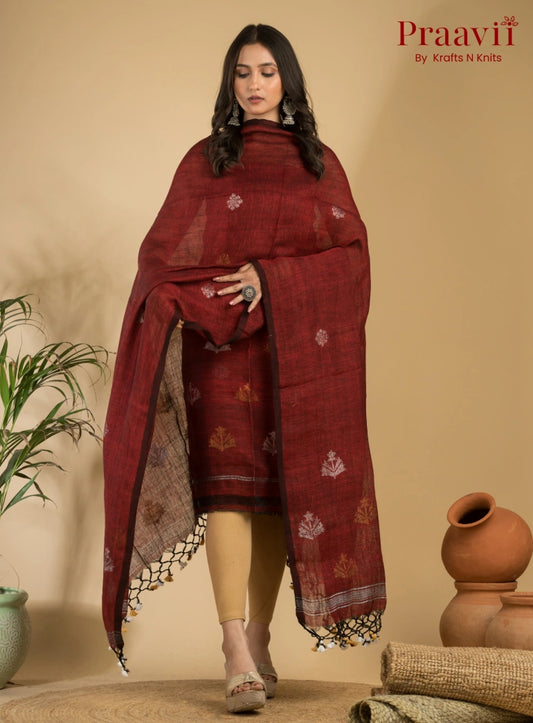 Chestnut Color Pure Linen Unstitched Jamdani Suit 2-Piece Set