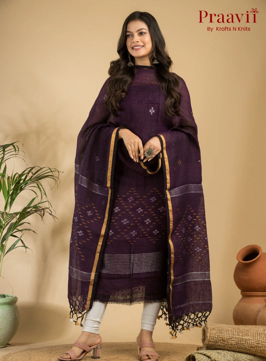 Dark Purple Pure Linen Unstitched Jamdani Suit 2-Piece Set