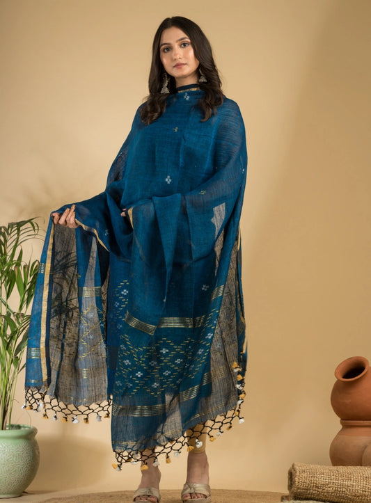 Pacific Blue Pure Linen Unstitched Jamdani Suit 2-Piece Set