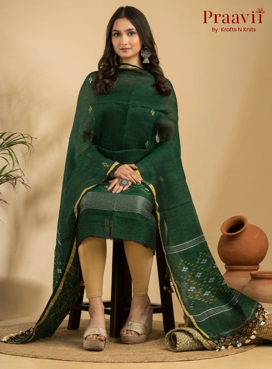 Emerald Green Pure Linen Unstitched Jamdani Suit 2-Piece Set