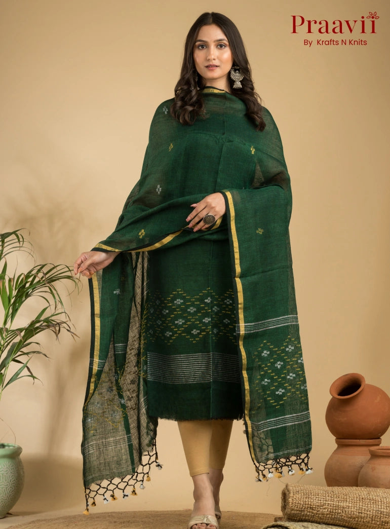 Emerald Green Pure Linen Unstitched Jamdani Suit 2-Piece Set