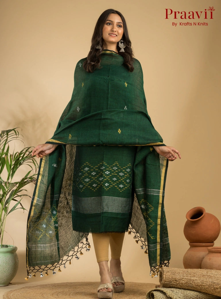 Emerald Green Pure Linen Unstitched Jamdani Suit 2-Piece Set