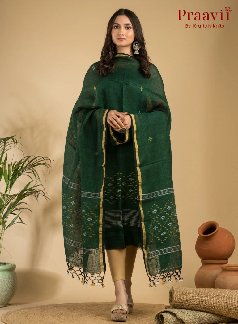 Emerald Green Pure Linen Unstitched Jamdani Suit 2-Piece Set