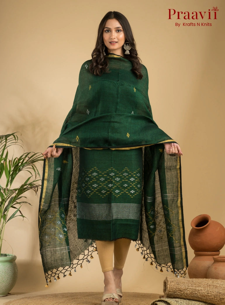 Emerald Green Pure Linen Unstitched Jamdani Suit 2-Piece Set