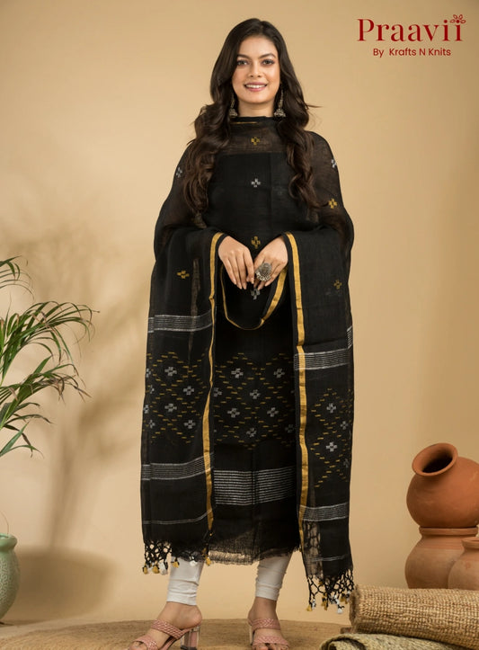 Pure Black Linen Unstitched Jamdani Suit 2-Piece Set