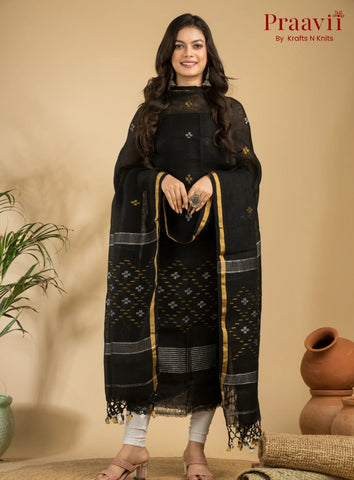 Pure Black Linen Unstitched Jamdani Suit 2-Piece Set