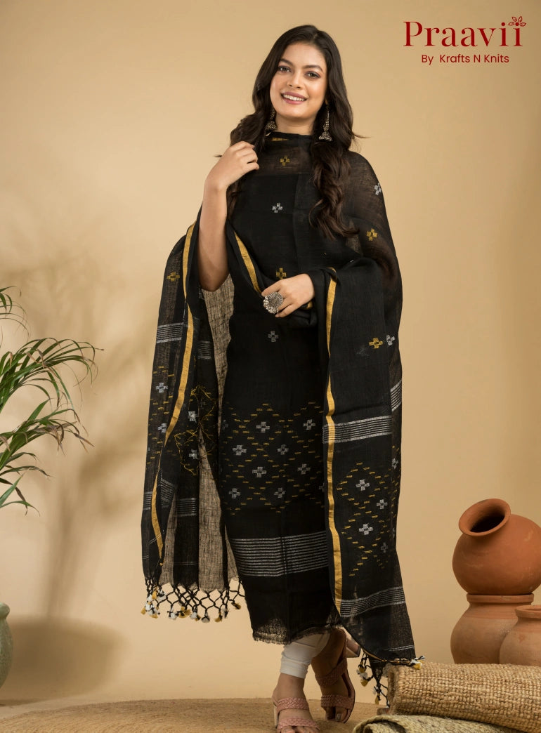 Pure Black Linen Unstitched Jamdani Suit 2-Piece Set