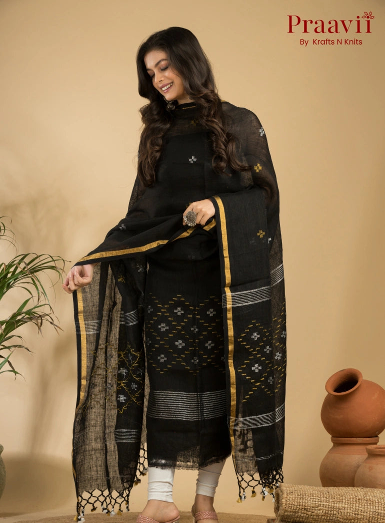 Pure Black Linen Unstitched Jamdani Suit 2-Piece Set