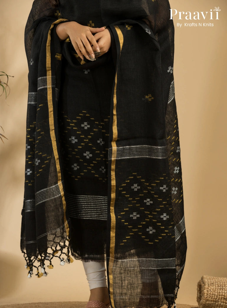 Pure Black Linen Unstitched Jamdani Suit 2-Piece Set