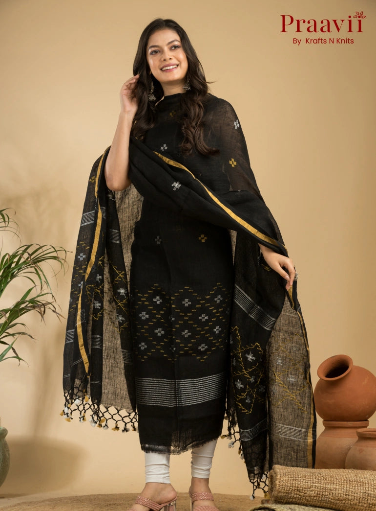 Pure Black Linen Unstitched Jamdani Suit 2-Piece Set
