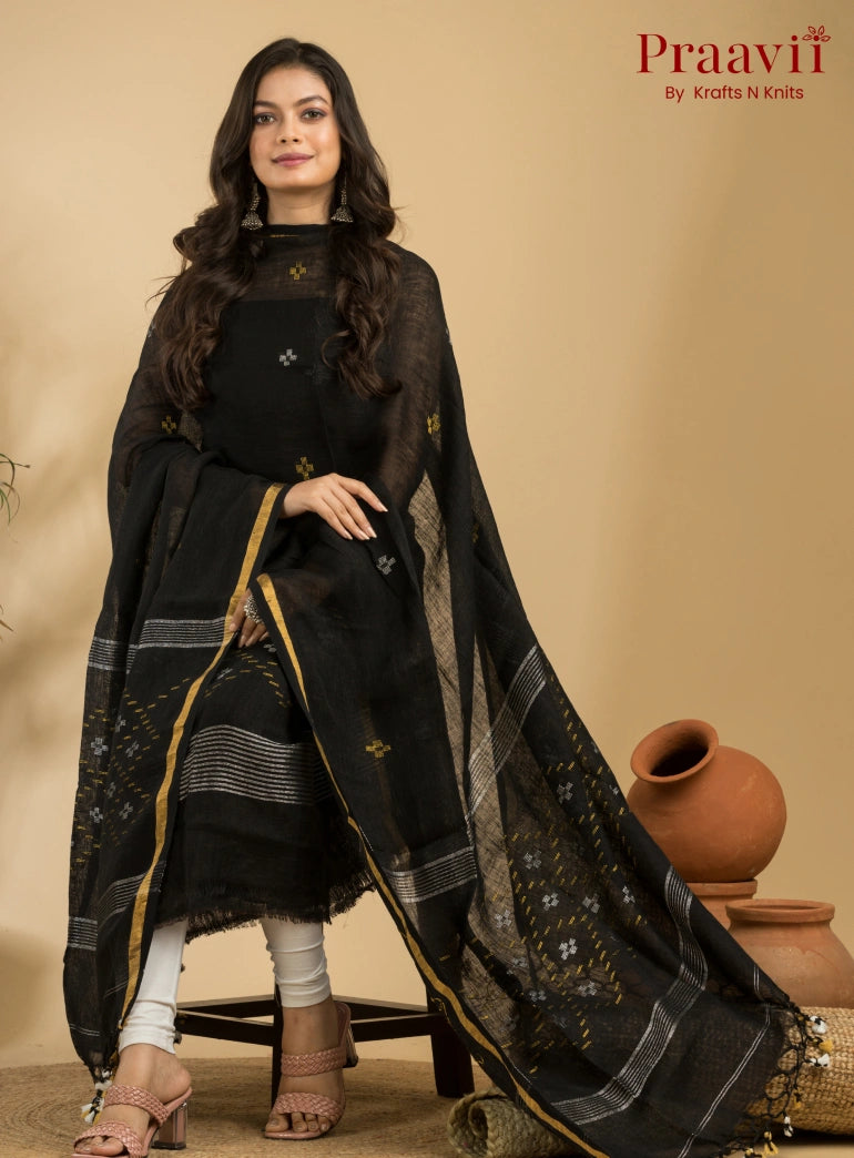 Pure Black Linen Unstitched Jamdani Suit 2-Piece Set