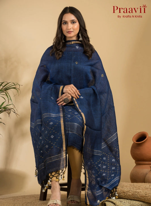 Blue Pure Linen Unstitched Jamdani Suit 2-Piece Set