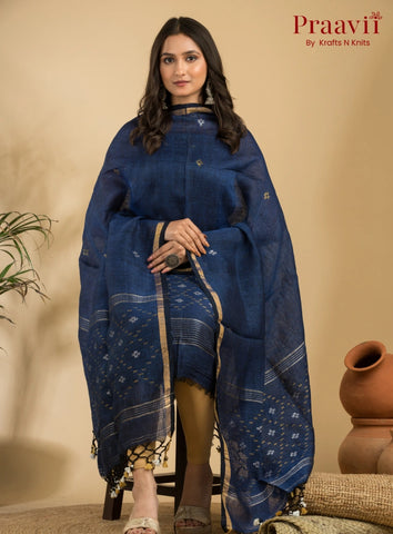 Blue Pure Linen Unstitched Jamdani Suit 2-Piece Set