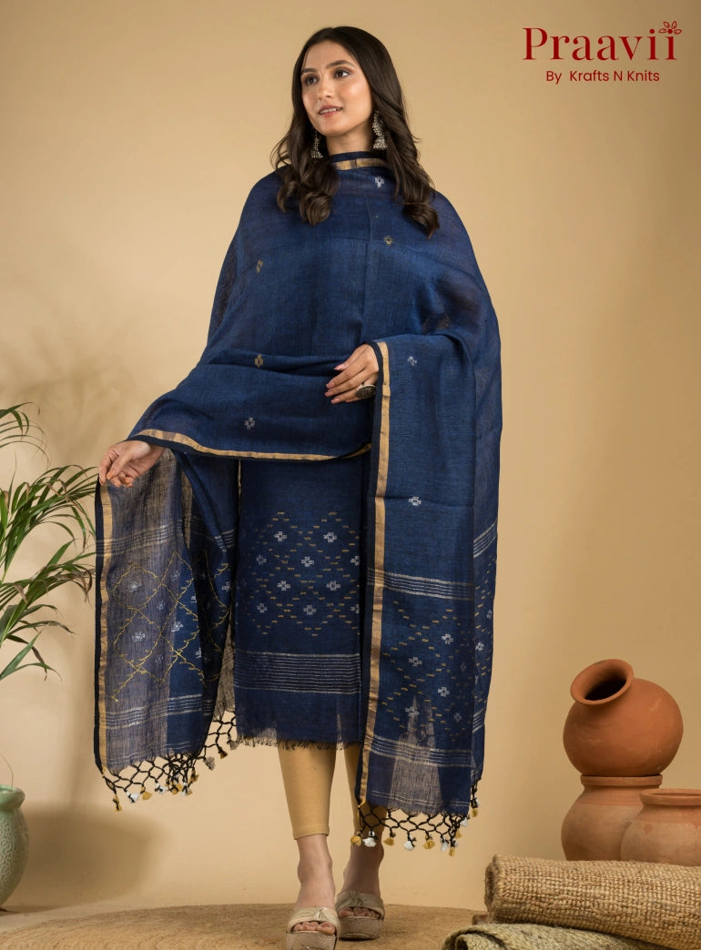 Blue Pure Linen Unstitched Jamdani Suit 2-Piece Set