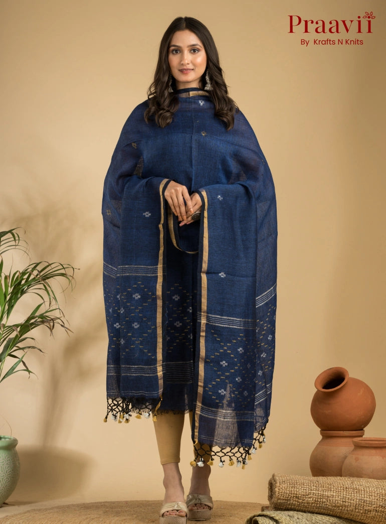 Blue Pure Linen Unstitched Jamdani Suit 2-Piece Set