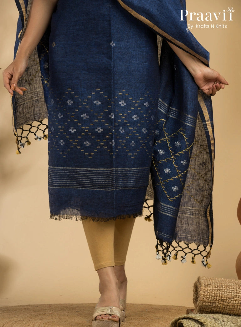 Blue Pure Linen Unstitched Jamdani Suit 2-Piece Set