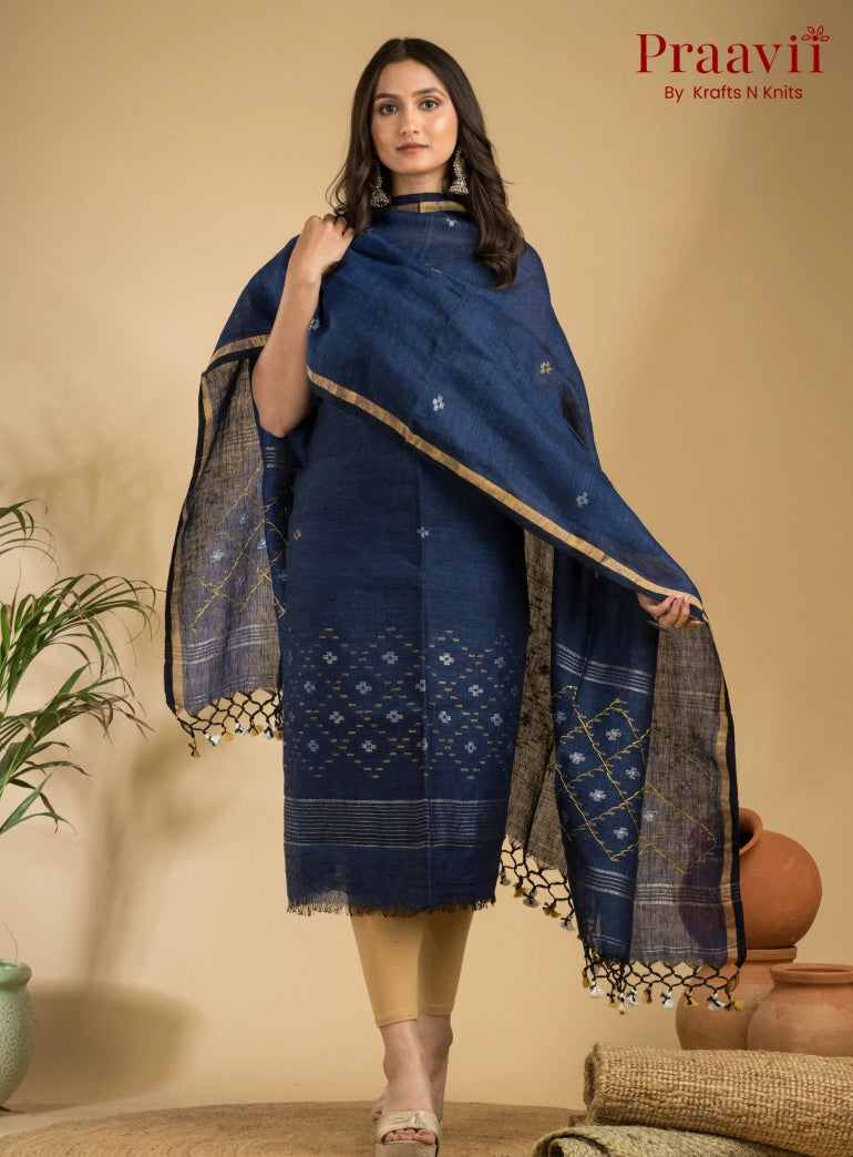 Blue Pure Linen Unstitched Jamdani Suit 2-Piece Set