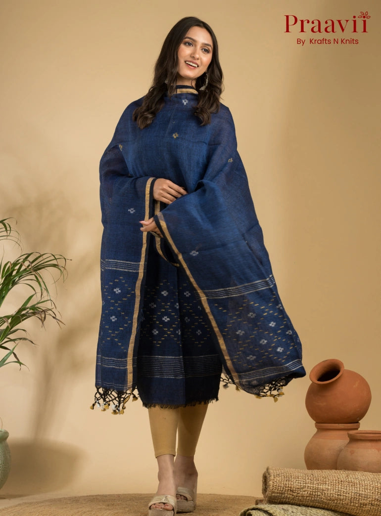 Blue Pure Linen Unstitched Jamdani Suit 2-Piece Set