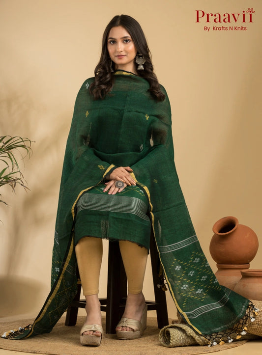 Dark Forest Green Pure Linen Unstitched Jamdani Suit 2-Piece Set
