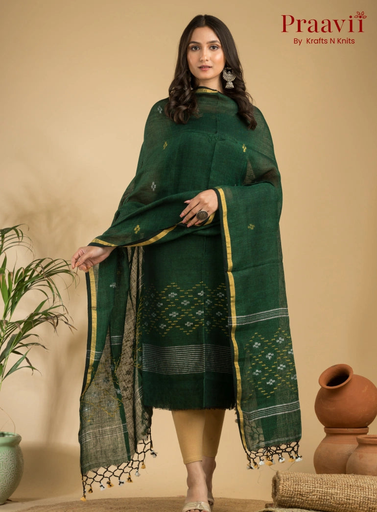Dark Forest Green Pure Linen Unstitched Jamdani Suit 2-Piece Set
