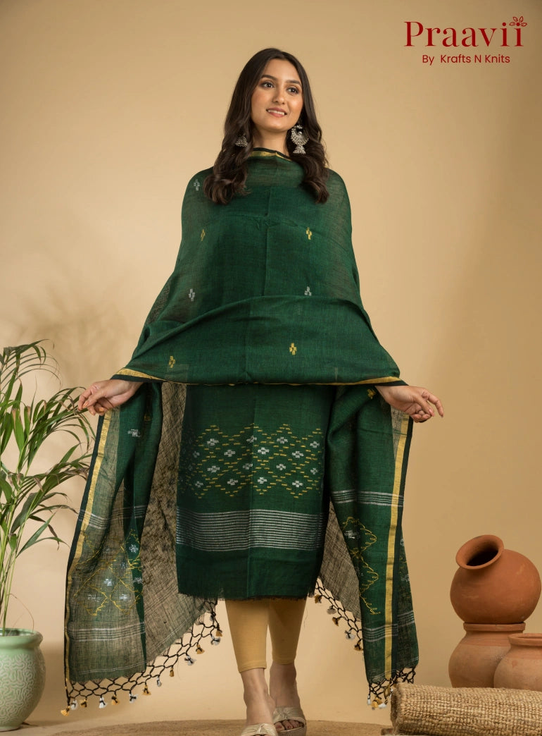 Dark Forest Green Pure Linen Unstitched Jamdani Suit 2-Piece Set