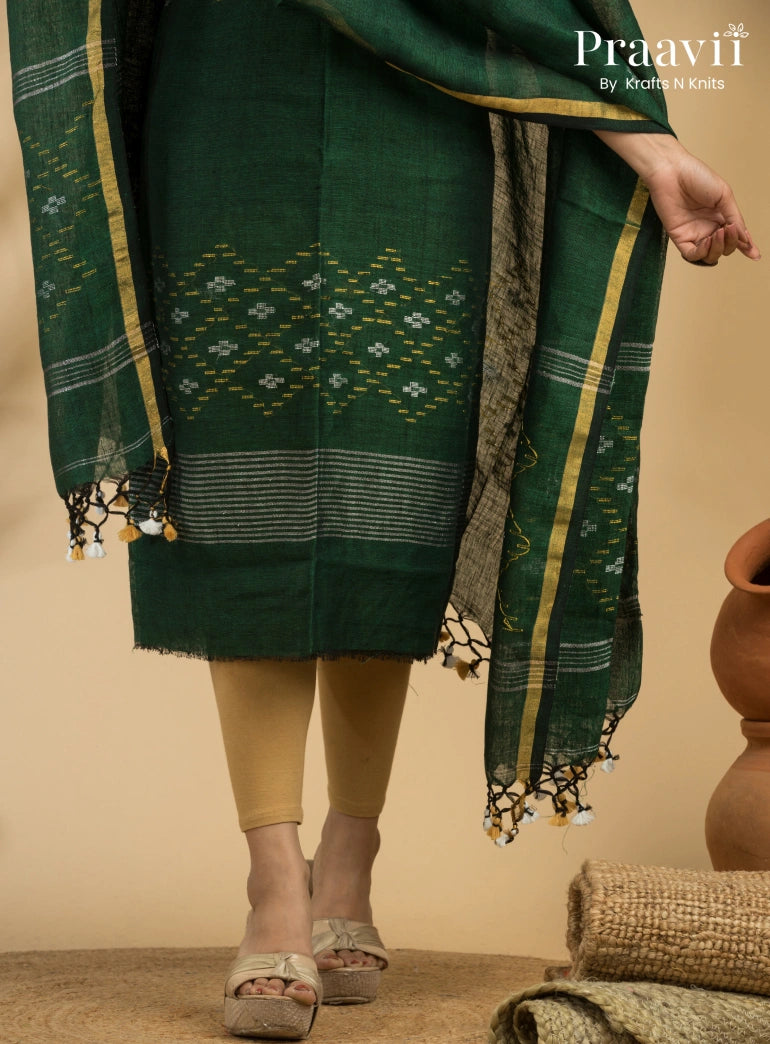 Dark Forest Green Pure Linen Unstitched Jamdani Suit 2-Piece Set