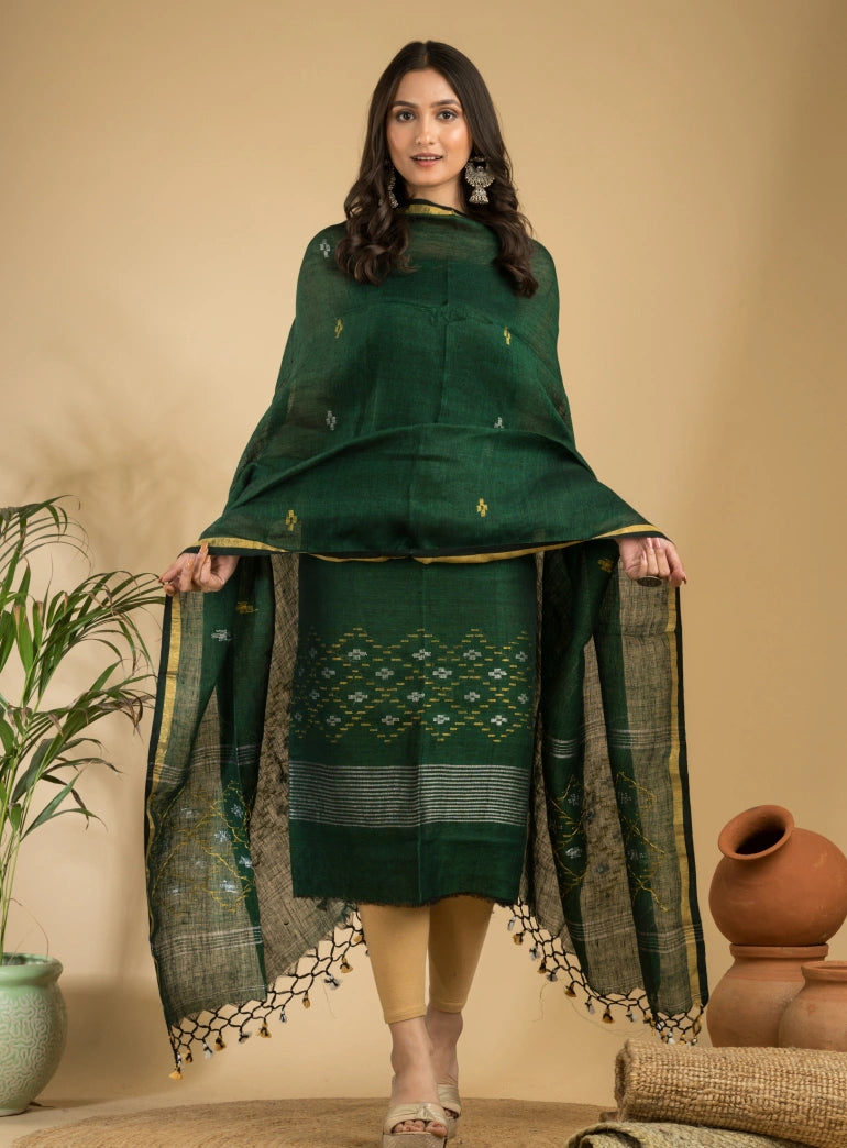 Dark Forest Green Pure Linen Unstitched Jamdani Suit 2-Piece Set