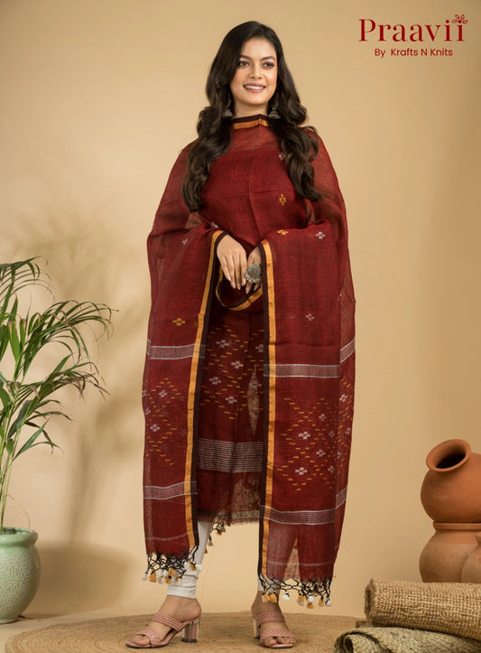 Garnet Color Pure Linen Unstitched Jamdani Suit 2-Piece Set