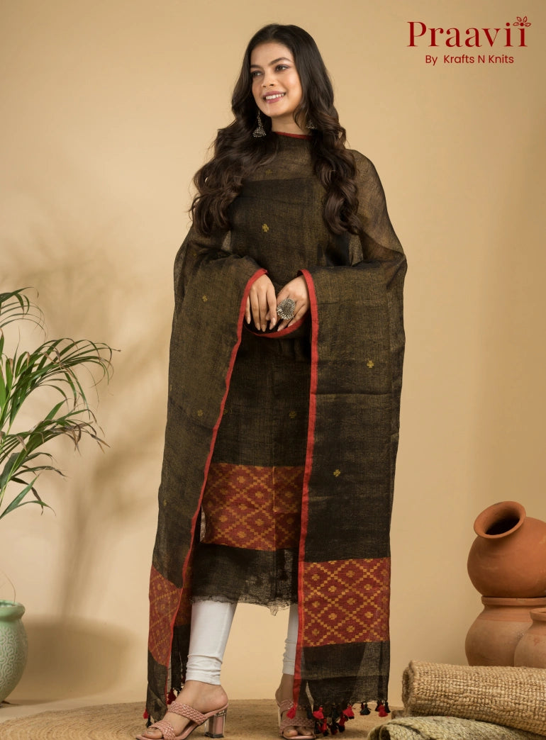 Olive Grey Pure Linen Unstitched Jamdani Suit 2-Piece Set