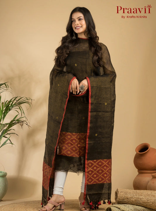 Olive Grey Pure Linen Unstitched Jamdani Suit 2-Piece Set