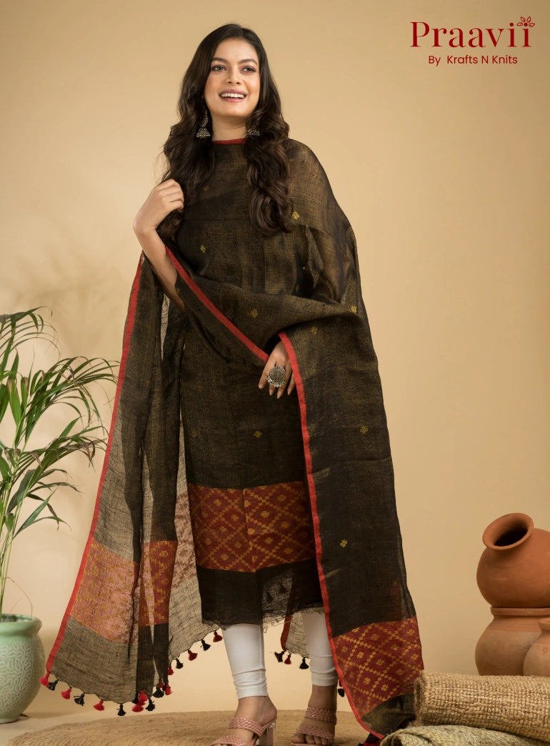 Olive Grey Pure Linen Unstitched Jamdani Suit 2-Piece Set