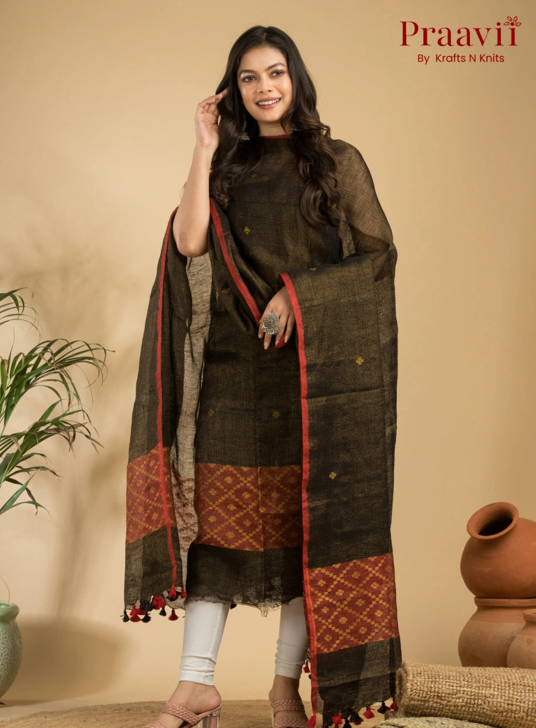 Olive Grey Pure Linen Unstitched Jamdani Suit 2-Piece Set