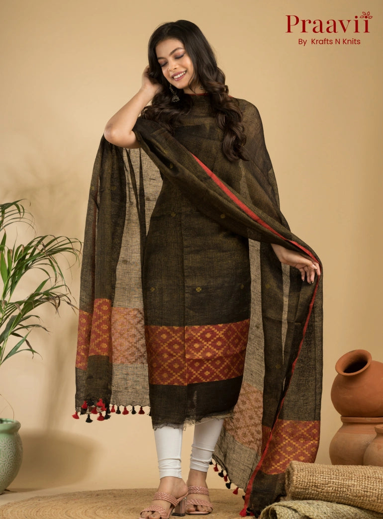 Olive Grey Pure Linen Unstitched Jamdani Suit 2-Piece Set