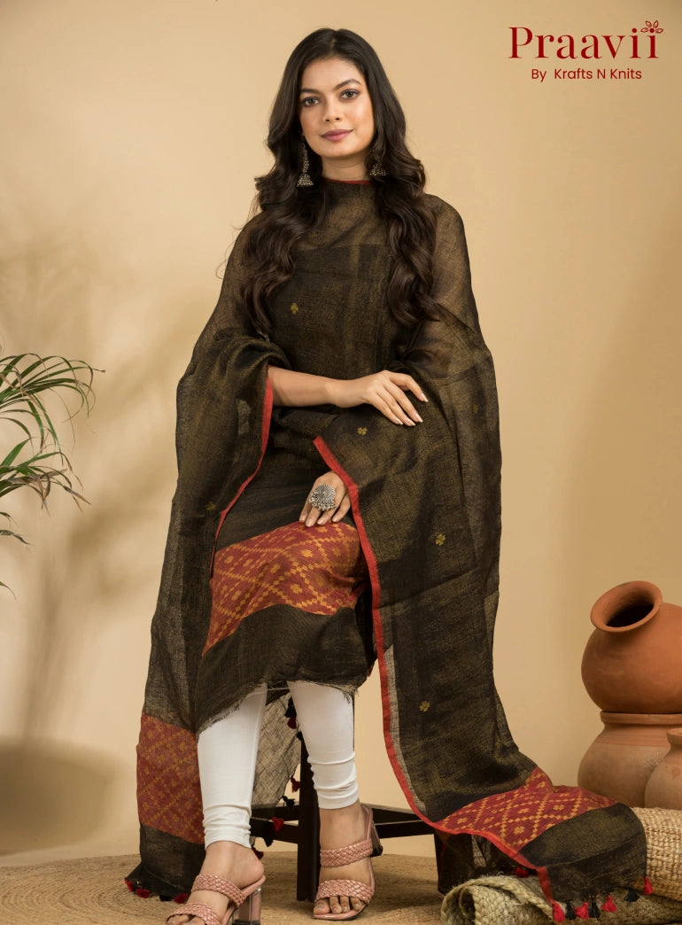 Olive Grey Pure Linen Unstitched Jamdani Suit 2-Piece Set