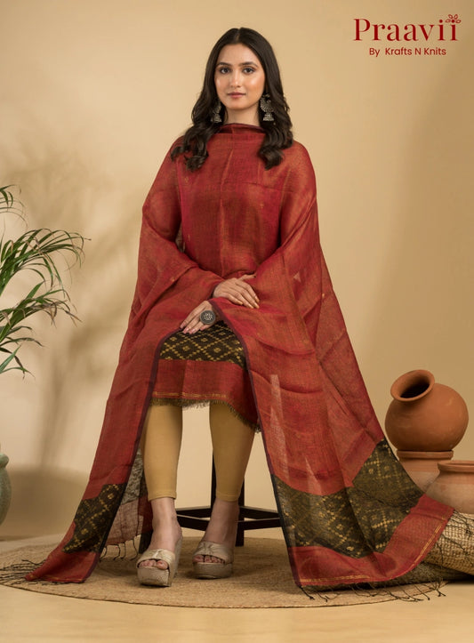 Tangerine Red Pure Linen Unstitched Jamdani Suit 2-Piece Set