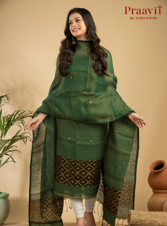 Olive Green Pure Linen Unstitched Jamdani Suit 2-Piece Set