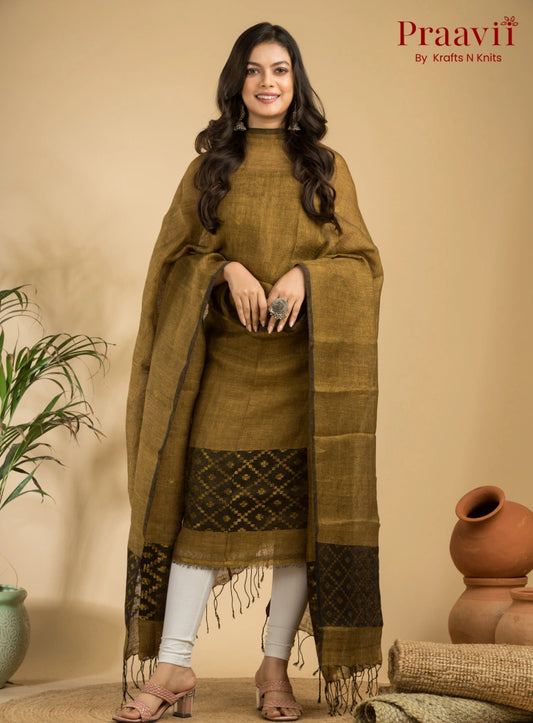 Antique Gold Pure Linen Unstitched Jamdani Suit 2-Piece Set