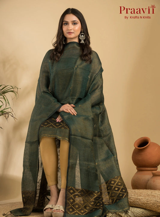Deep Sage Green Pure Linen Unstitched Jamdani Suit 2-Piece Set