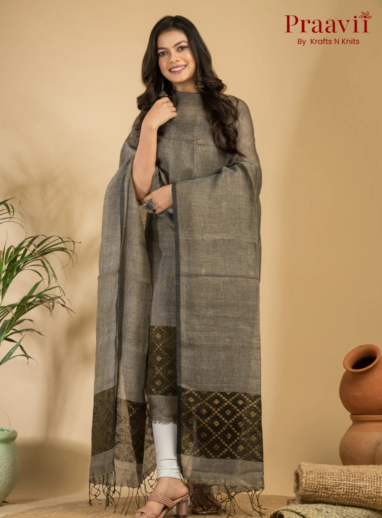Grey Pure Linen Unstitched Jamdani Suit 2-Piece Set
