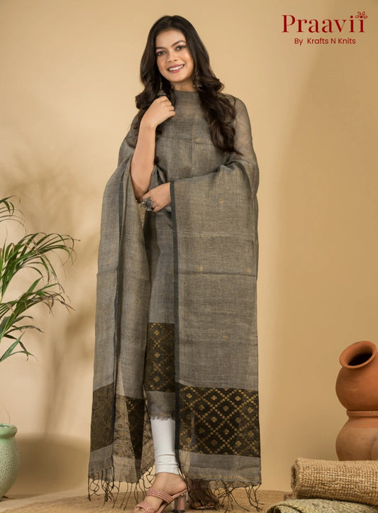 Grey Pure Linen Unstitched Jamdani Suit 2-Piece Set