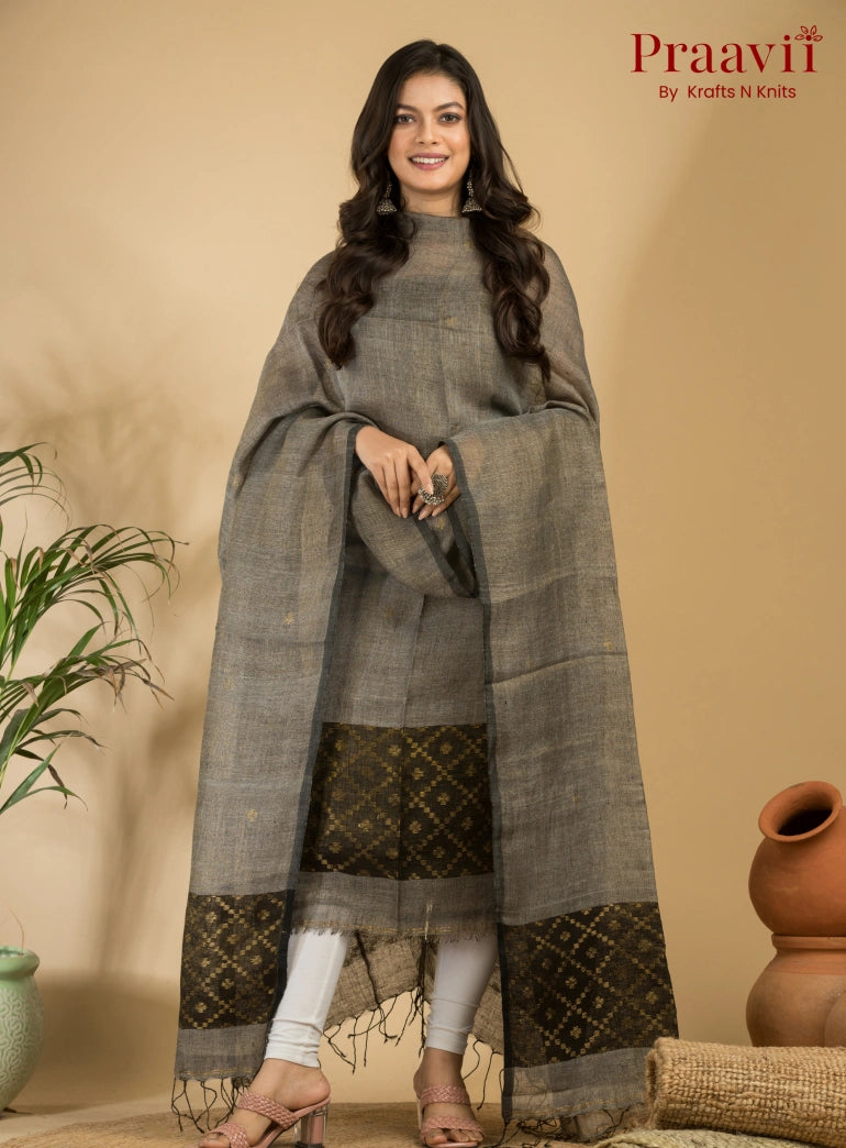 Grey Pure Linen Unstitched Jamdani Suit 2-Piece Set