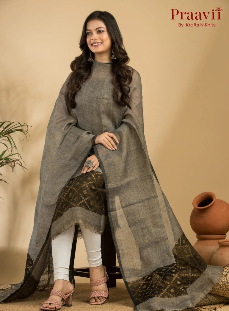 Grey Pure Linen Unstitched Jamdani Suit 2-Piece Set